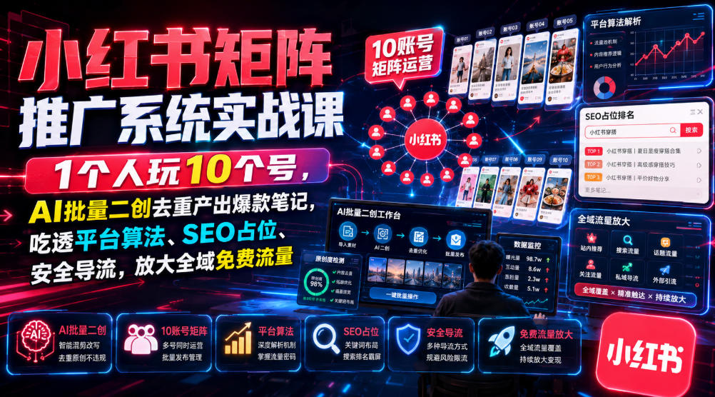 小红书矩阵推广系统实战课|1个人玩10个号,AI批量二创去重产出爆款笔记,吃透平台算法、SEO占位、安全导流,放大全域免费流量-伏羲SAAS