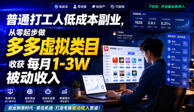普通打工人低成本副业，从零起步做多多虚拟类目，收获每月1-3W被动收入【揭秘】-伏羲SAAS
