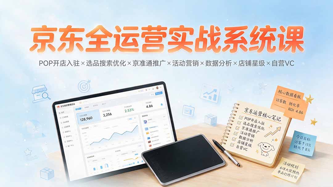 京东全运营实战系统课：POP开店入驻×选品搜索优化×京准通推广×活动营销×数据分析×店铺星级×自营VC-伏羲SAAS