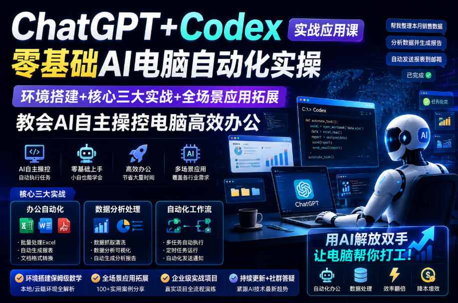 ChatGPT+Codex实战应用课｜零基础AI电脑自动化实操，环境搭建+核心三大实战+全场景应用拓展，教会AI自主操控电脑高效办公-伏羲SAAS