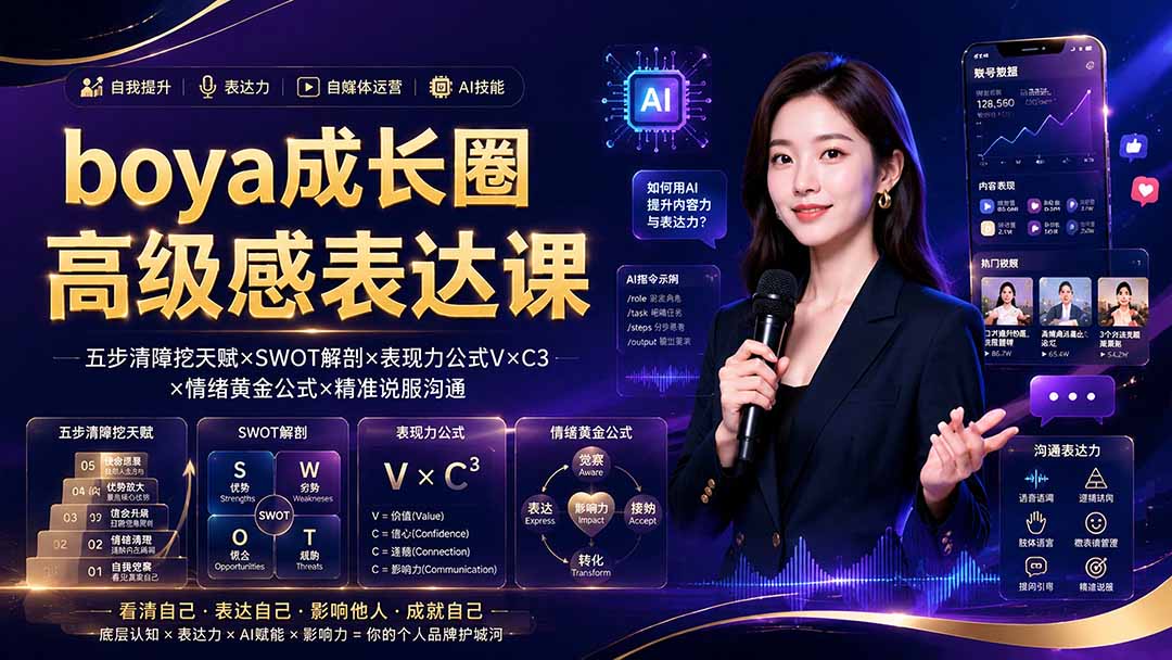boya成长圈｜内心成长高级表达AI自媒体三合一，消解内耗挖掘天赋，镜头沟通AI指令短视频全流程教学-伏羲SAAS
