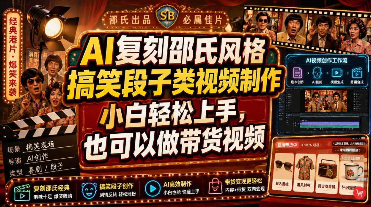 AI复刻邵氏风格搞笑段子类视频制作，小白轻松上手，也可以做带货视频-伏羲SAAS