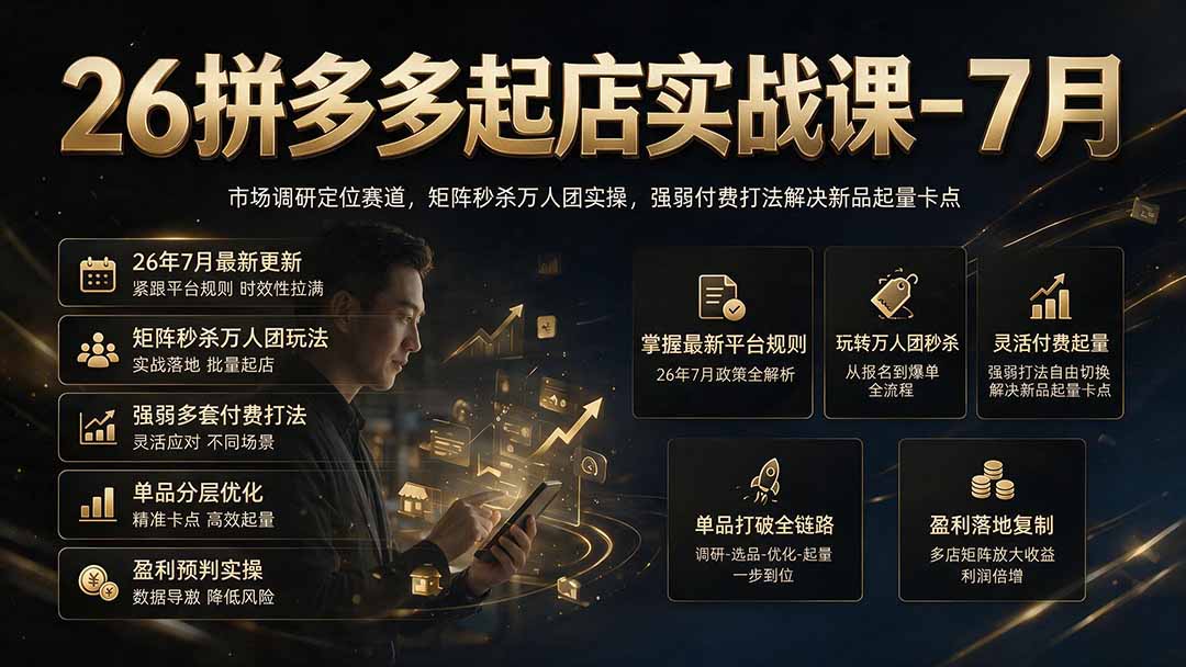 26拼多多起店实战课-7月｜市场调研定位赛道，矩阵秒杀万人团实操，强弱付费打法解决新品起量卡点-伏羲SAAS