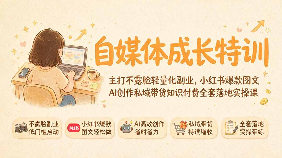 自媒体成长特训｜主打不露脸轻量化副业，小红书爆款图文AI创作私域带货知识付费全套落地实操课-伏羲SAAS