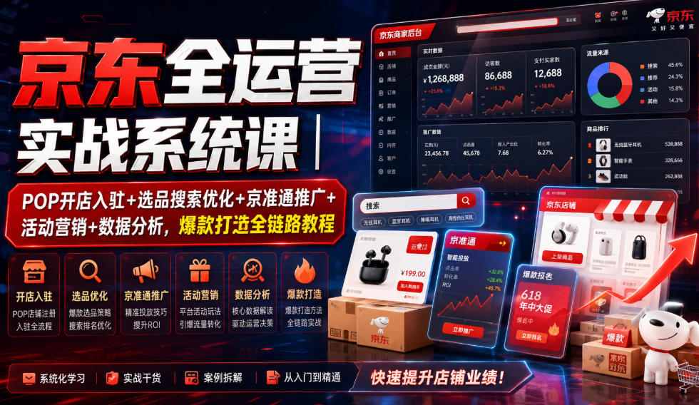 京东全运营实战系统课｜POP开店入驻+选品搜索优化+京准通推广+活动营销+数据分析，爆款打造全链路教程-伏羲SAAS