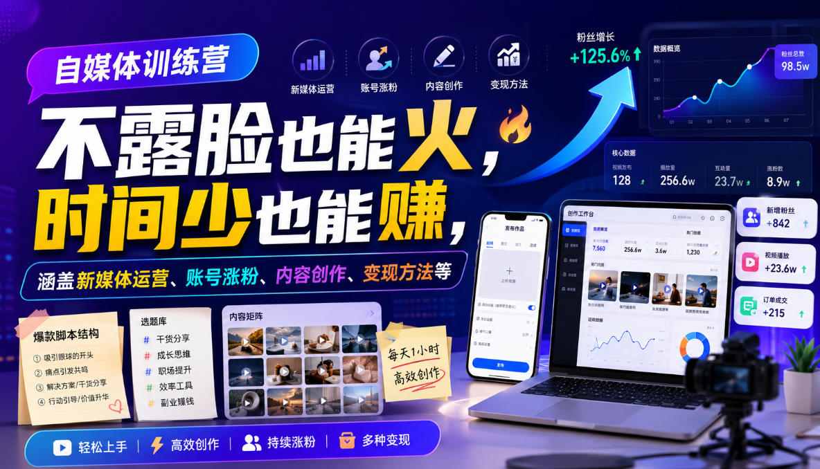 自媒体训练营，不露脸也能火，时间少也能賺，涵盖新媒体运营、账号涨粉、内容创作、变现方法等-伏羲SAAS