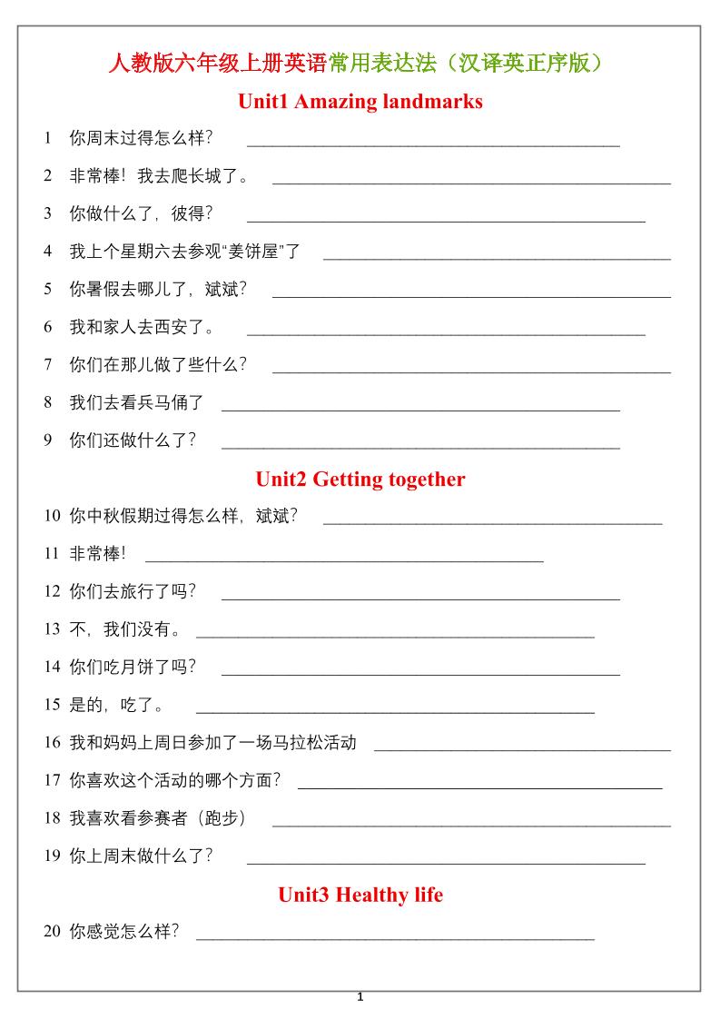 六年级上册英语常用表达法（汉译英）正序版＋乱序版-伏羲SAAS