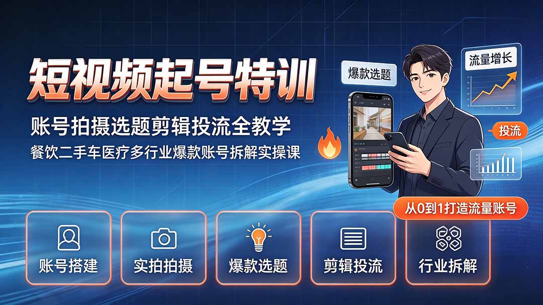 短视频起号特训｜账号拍摄选题剪辑投流全教学，餐饮二手车医疗多行业爆款账号拆解实操课-伏羲SAAS