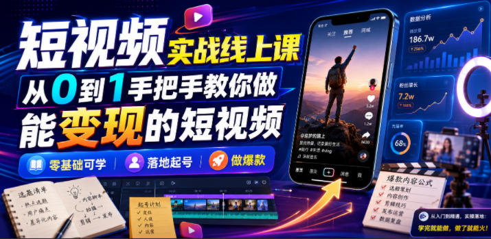 短视频实战线上课，从0到1手把手教你做能变现的短视频，零基础可学，落地起号做爆款-伏羲SAAS