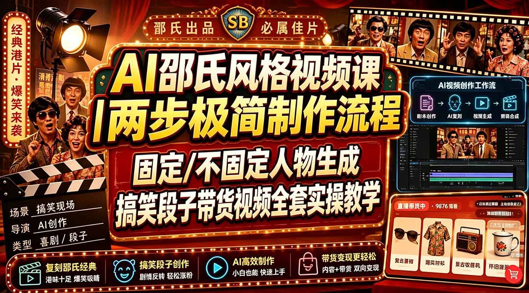 AI邵氏风格视频课｜两步极简制作流程，固定/不固定人物生成，搞笑段子带货视频全套实操教学-伏羲SAAS
