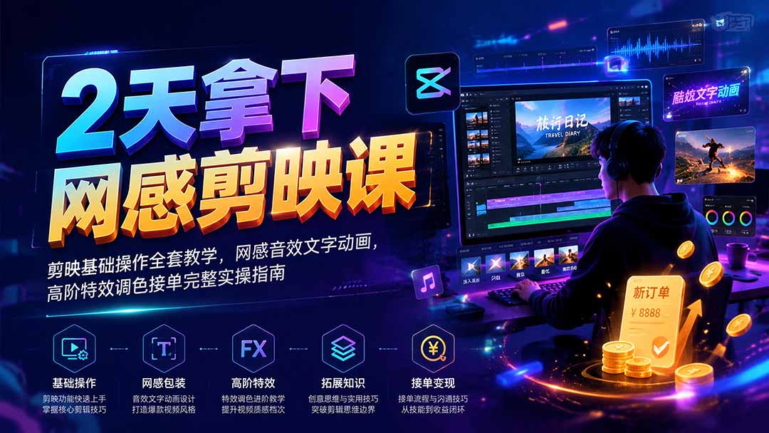 2天拿下网感剪辑课｜剪映基础操作全套教学，网感音效文字动画，高阶特效调色接单完整实操指南-伏羲SAAS