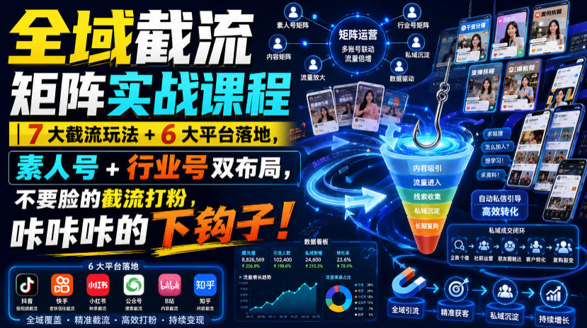 全域截流矩阵实战课程｜7大截流玩法+6大平台落地，素人号+行业号双布局，不要脸的截流打粉，咔咔咔的下钩子！-伏羲SAAS