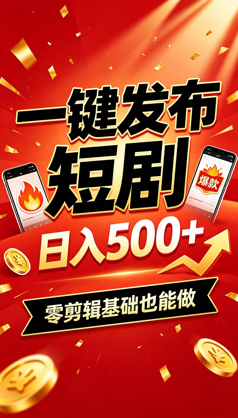 快手短剧一键发布，不用剪辑操作简单，副业日入500+。空闲时间轻松赚收益-伏羲SAAS