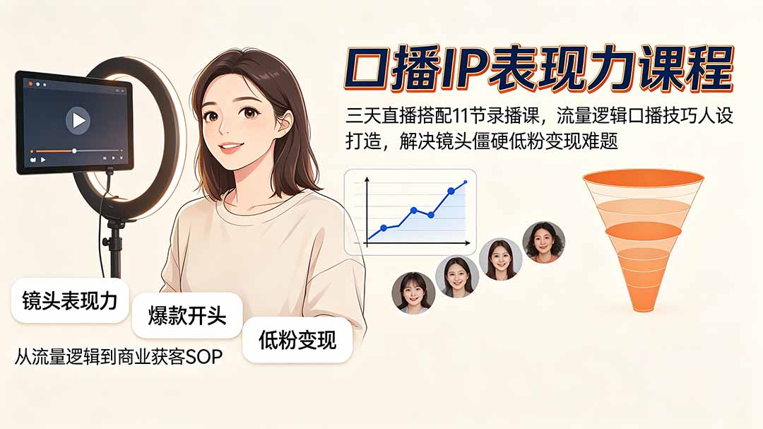口播IP表现力课程｜三天直播搭配11节录播课，流量逻辑口播技巧人设打造，解决镜头僵硬低粉变现难题-伏羲SAAS