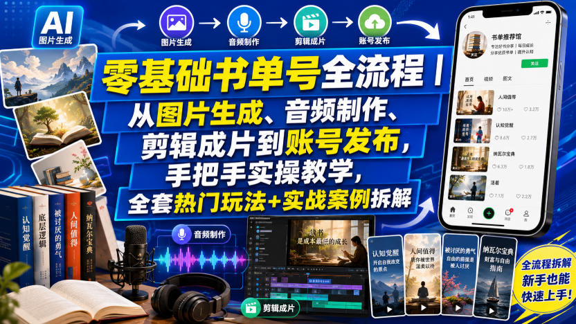 零基础书单号全流程｜从图片生成、音频制作、剪辑成片到账号发布，手把手实操教学，全套热门玩法+实战案例拆解-伏羲SAAS