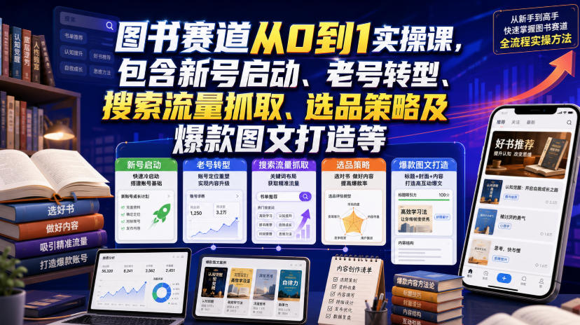 图书赛道从0到1实操课，包含新号启动、老号转型、搜索流量抓取、选品策略及爆款图文打造等-伏羲SAAS