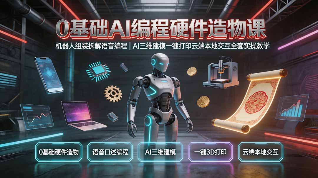 0基础AI编程硬件造物课｜机器人组装拆解语音编程，AI三维建模一键打印云端本地交互全套实操教学-伏羲SAAS