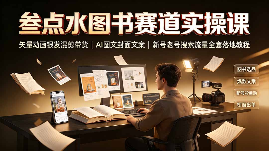 叁点水图书赛道实操课｜矢量动画银发混剪带货，AI图文封面文案，新号老号搜索流量全套落地教程-伏羲SAAS