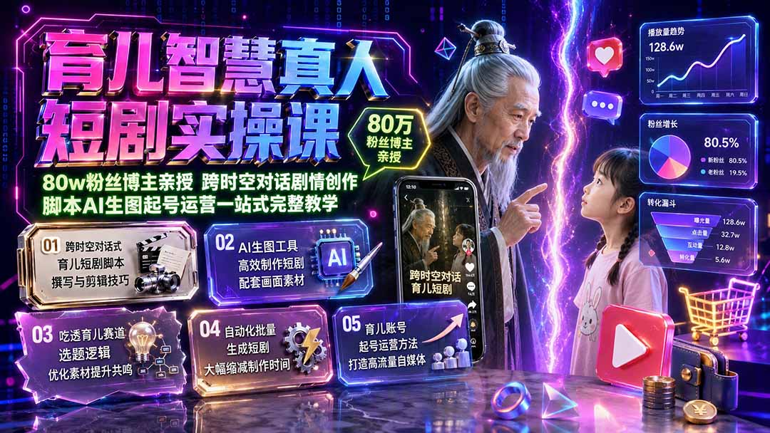 育儿智慧真人短剧实操课｜80w粉丝博主亲授，跨时空对话剧情创作，脚本AI生图起号运营一站式完整教学-伏羲SAAS