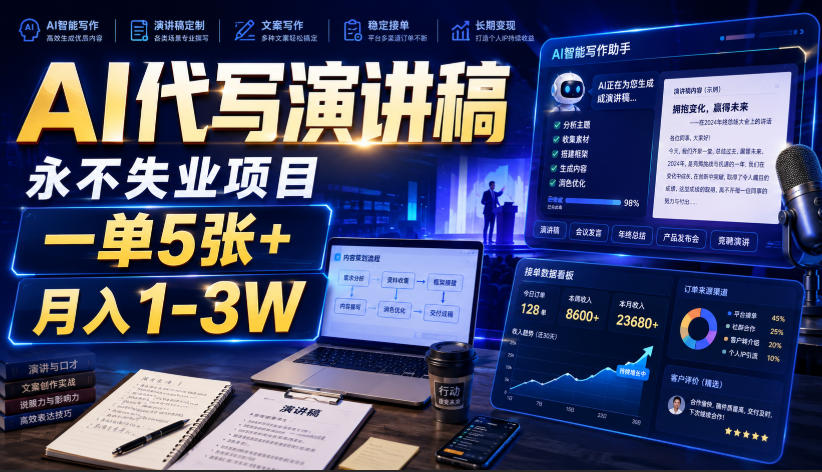 AI代写演讲稿，永不失业项目，一单5张+，月入1-3W【揭秘】-伏羲SAAS