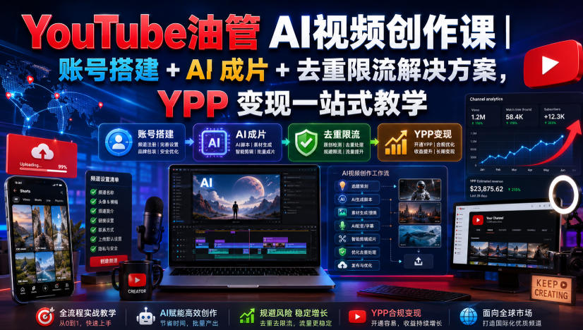 YouTube油管AI视频创作课｜账号搭建+AI成片+去重限流解决方案，YPP变现一站式教学-伏羲SAAS