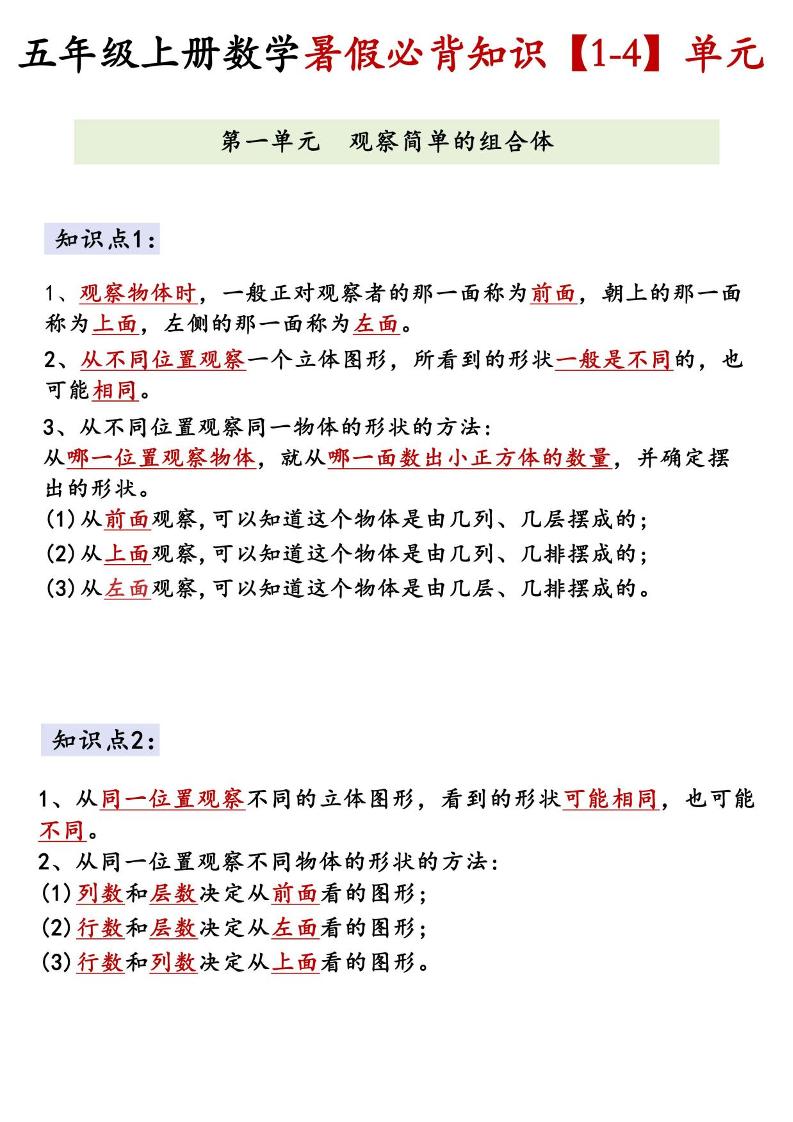 26新五上数学【1-4】单元必背知识《人教版》-伏羲SAAS