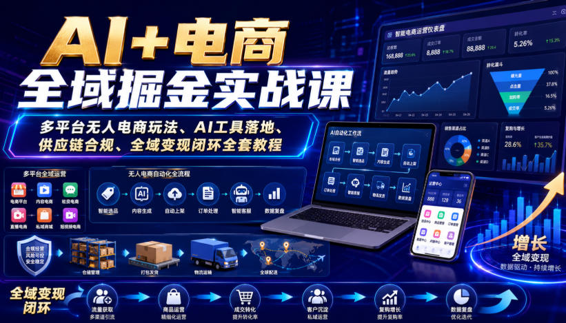 AI+电商全域掘金实战课｜多平台无人电商玩法、AI工具落地、供应链合规、全域变现闭环全套教程-伏羲SAAS