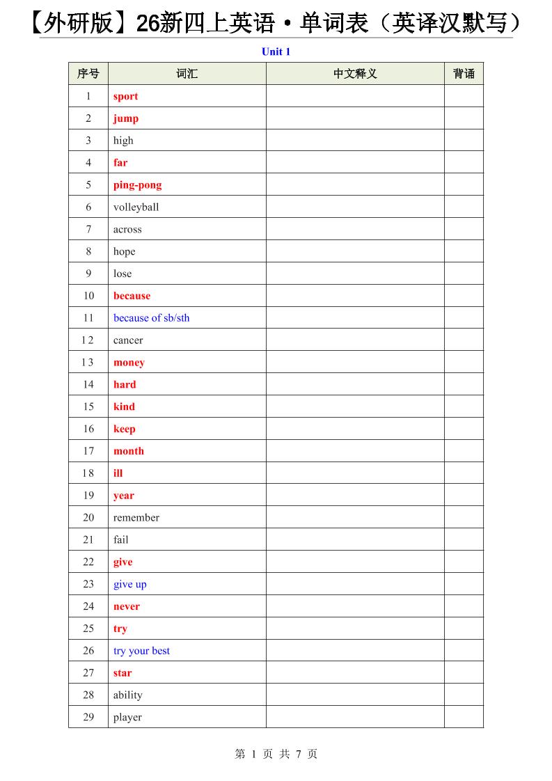 【外研版】26新四上英语·单词表（英译汉默写）-伏羲SAAS