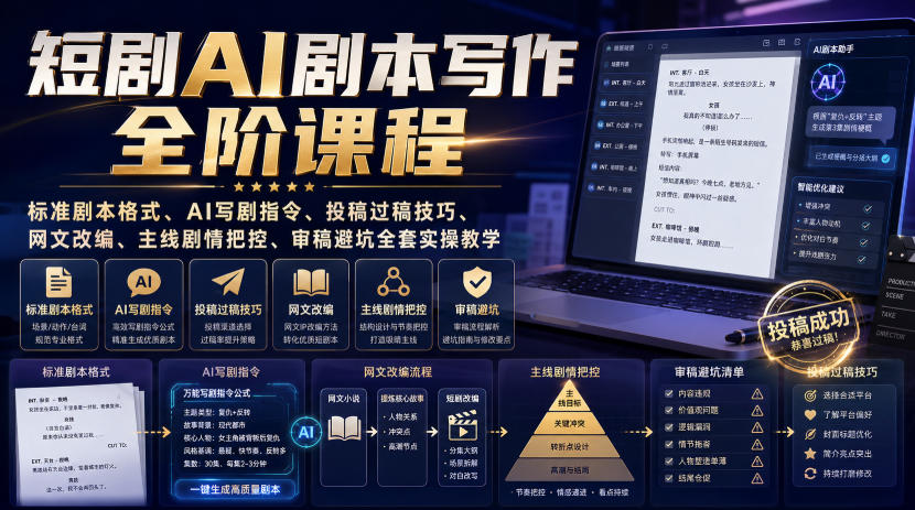 短剧AI剧本写作全阶课程｜标准剧本格式、AI写剧指令、投稿过稿技巧、网文改编、主线剧情把控、审稿避坑全套实操教学-伏羲SAAS