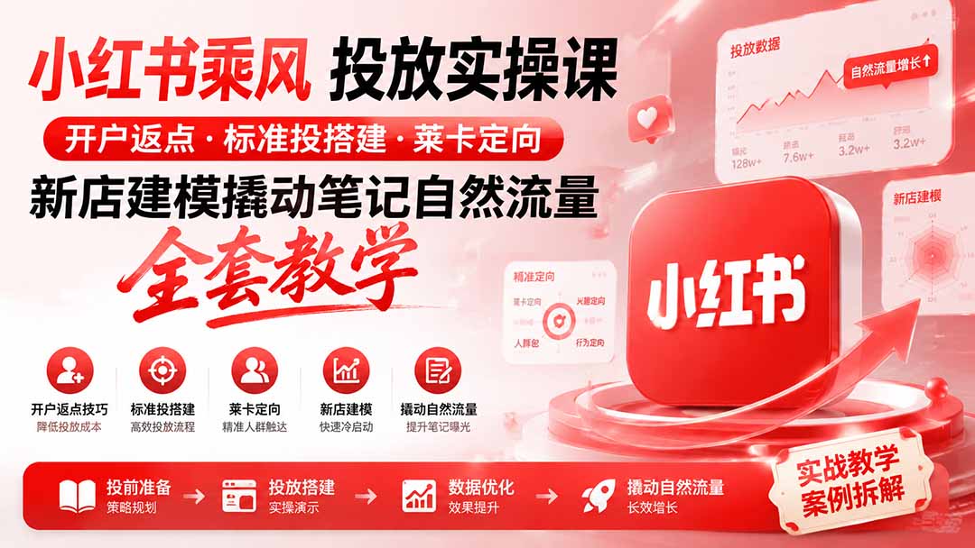 小红书乘风投放-100分钟实操课｜开户返点·标准投搭建·莱卡定向，新店建模撬动笔记自然流量全套教学-伏羲SAAS