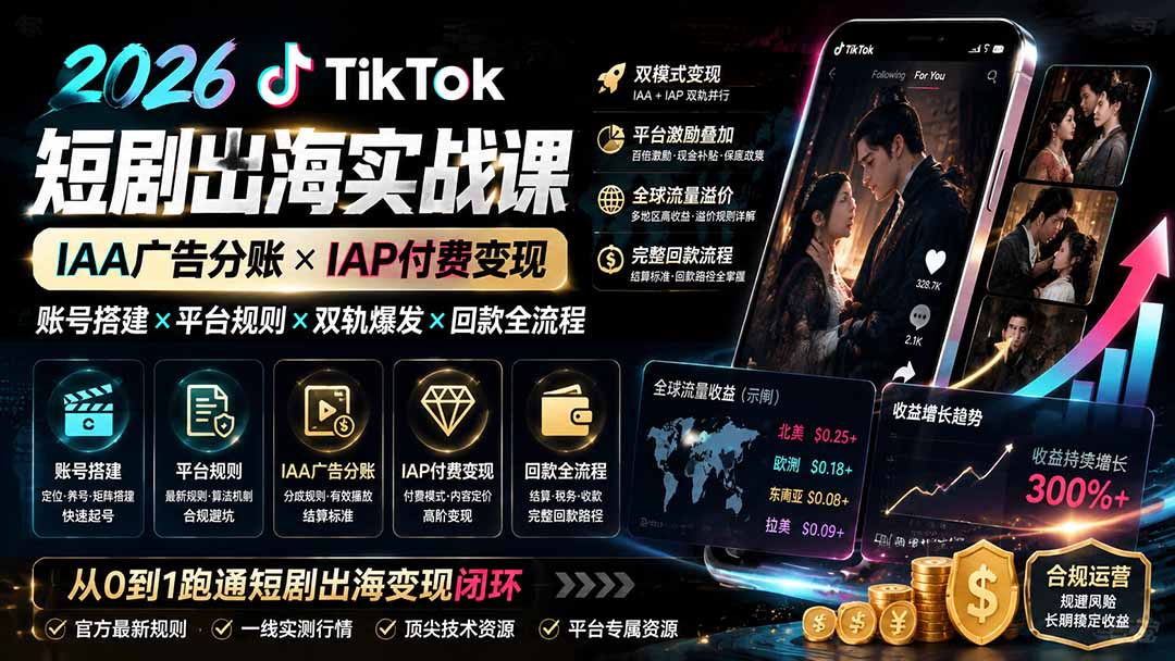 2026TikTok短剧出海实战课：IAA广告分账×IAP付费变现×账号搭建×平台规则×双轨爆发×回款全流程-伏羲SAAS