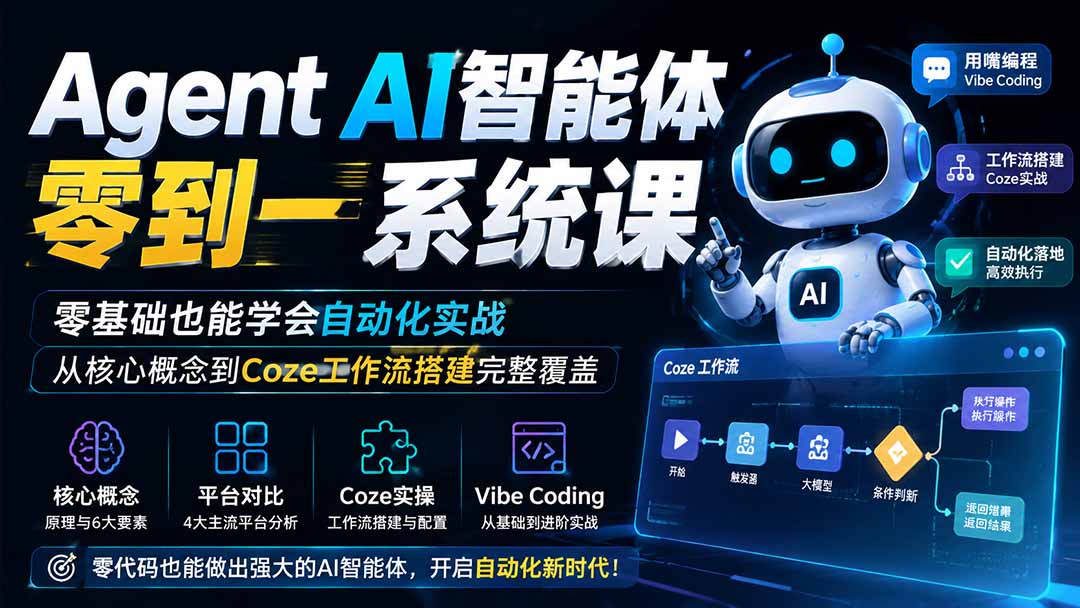 Agent AI智能体零到一系统课；零基础也能学会自动化实战，从核心概念到Coze工作流搭建完整覆盖-伏羲SAAS