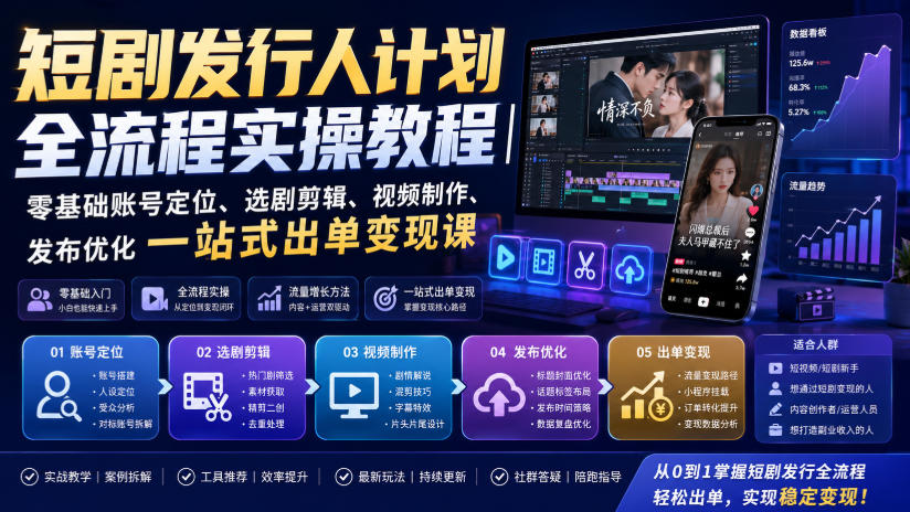 短剧发行人计划全流程实操教程｜零基础账号定位、选剧剪辑、视频制作、发布优化一站式出单变现课​-伏羲SAAS