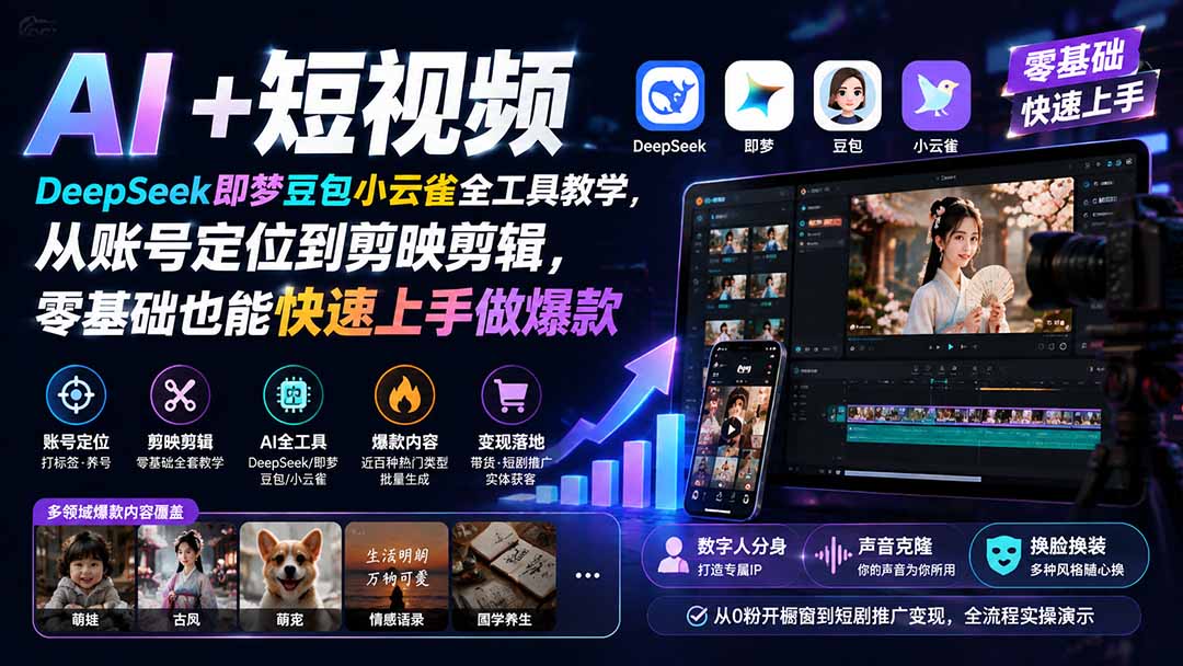 AI+短视频｜DeepSeek即梦豆包小云雀全工具教学，从账号定位到剪映剪辑，零基础也能快速上手做爆款-伏羲SAAS