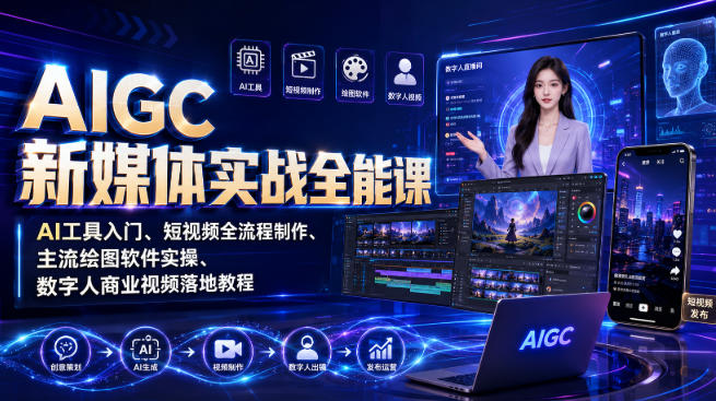 AIGC新媒体实战全能课｜AI工具入门、短视频全流程制作、主流绘图软件实操、数字人商业视频落地教程-伏羲SAAS